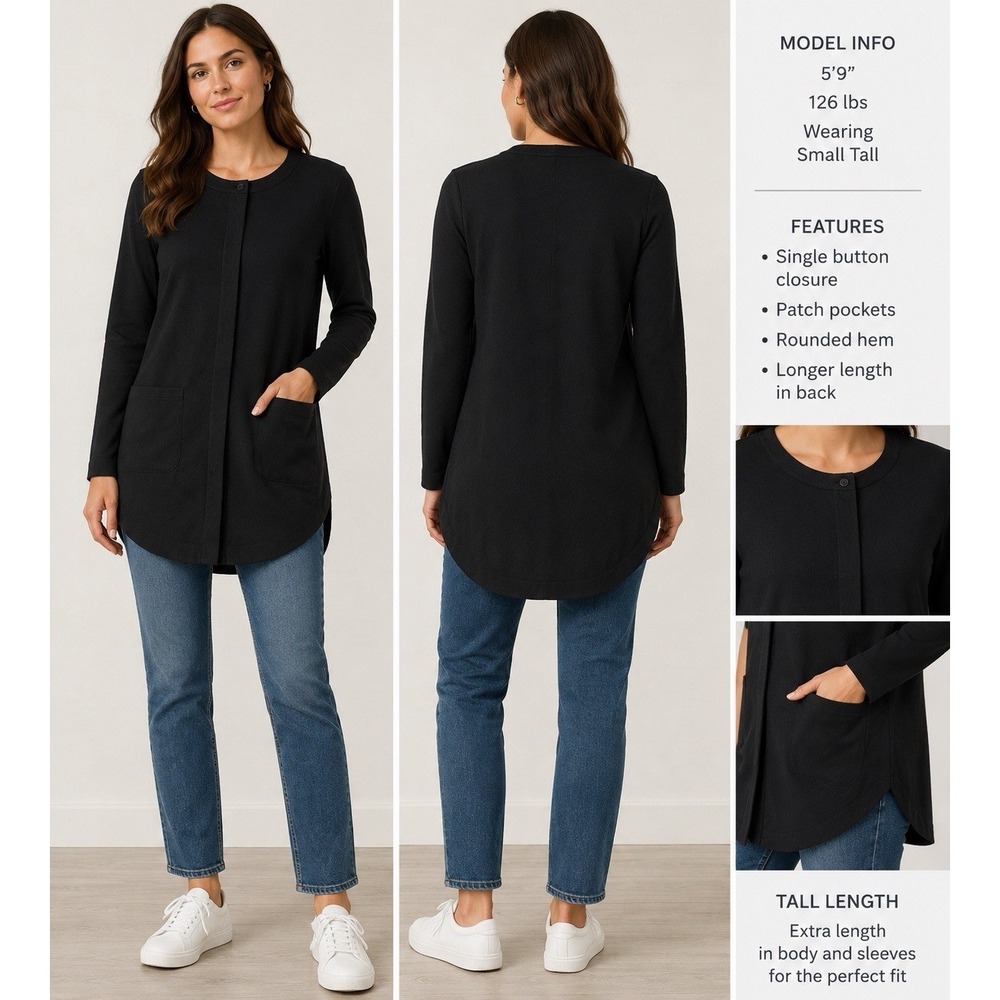 J. Jill Wool-Blend Hidden-Button Tunic Cardigan Small Tall Minimalist Preppy
